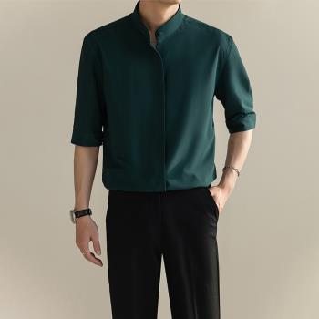 五分新中式韓版修身免燙短袖襯衫