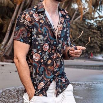 2023夏威夷印花短袖襯衫男士潮流大碼寬松沙灘度假襯衣Men Shirts
