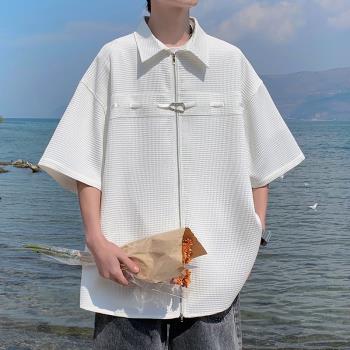 白襯衫男高級感華夫格短袖襯衣夏季外套日系復古寬松cityboy上衣