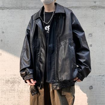 痞帥機車PU皮衣夾克男寬松休閑美式復古派克服重工設計感外套男生