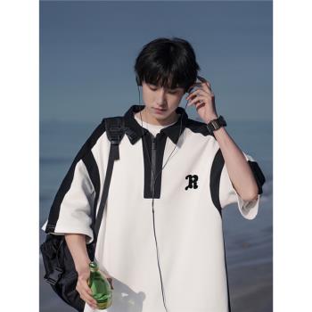 美式撞色半拉鏈Polo衫男夏季日系cityboy設計感短袖T恤五分袖上衣
