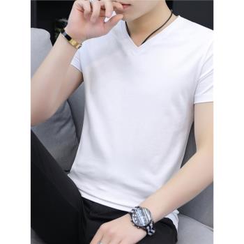 夏季短袖T恤男V領韓版修身白色半袖彈力帥氣純棉打底衫夏天衣服潮
