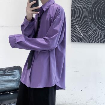 紫色冰絲襯衫男長袖夏季薄款高級感潮牌純色西裝內搭襯衣oversize