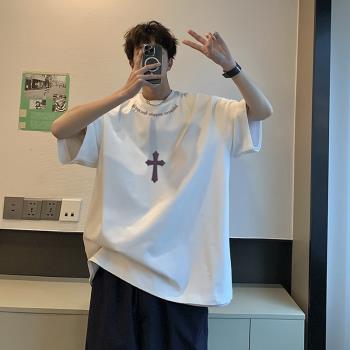 320g重磅小領口t恤男夏季潮牌十字架純棉短袖oversize美式七分袖