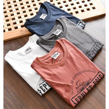 HK訂單 美式復古 夏季外貿男士時尚休閑水洗純棉印花圓領短袖T恤