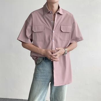 韓國小眾質感休閑短袖襯衫男寬松五分袖襯衣外套夏季bf風潮流寬松