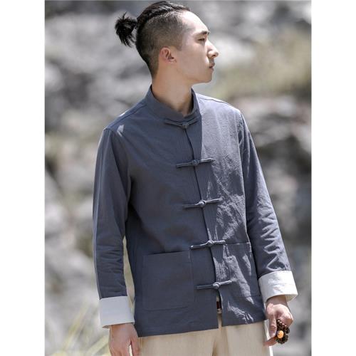 新中式男裝襯衫復古中國風盤扣上衣長袖立領中山裝休閑青年唐裝男