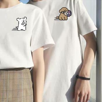 2023新款夏季卡通狗貓印花短袖T恤寬松純棉不一樣的情侶裝半袖潮
