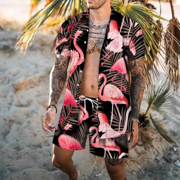 Summer Mens New Hawaiian Beach Print Casual Shirt Set