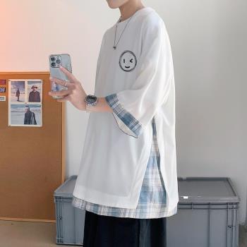 日系cityboy重磅短袖男oversize假兩件七分袖設計感小眾冰絲t恤潮