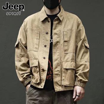 Jeep吉普美式復古牛仔外套春秋季新款重磅寬松潮流帥氣工裝夾克男