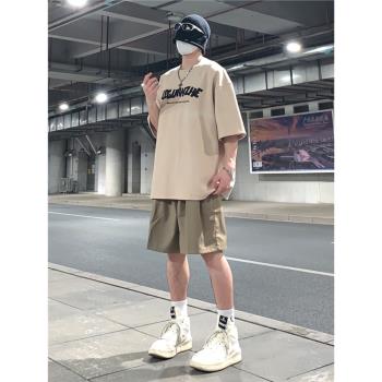 華夫格320g重磅t恤男夏季潮牌小領口純棉短袖美式hiphop七分半袖