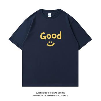 ins簡約GOOD笑臉印花純棉短袖T恤男女同款青少年寬松休閑半袖上衣
