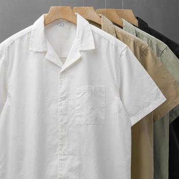 DUKEEN美式復古古巴領短袖襯衫男夏新款純色t恤休閑白色襯衣男生