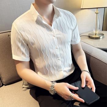 高級感襯衫男短袖夏季薄款潮流修身韓版時尚痞帥法式休閑白色襯衣
