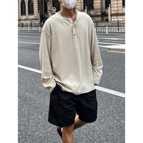 OXFREAK / 紋理褶皺三宅紐扣門襟亨利領衛衣長袖t恤男寬松春秋款