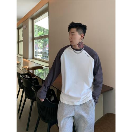 OXFREAK/ 250g重磅水洗棉 撞色插肩袖圓領長袖T恤男小領口打底衫