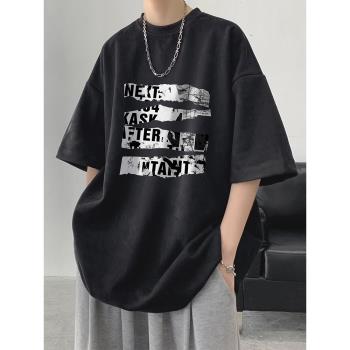 純棉短袖t恤男士夏季薄款美式潮牌重磅五分半袖休閑體恤上衣服男