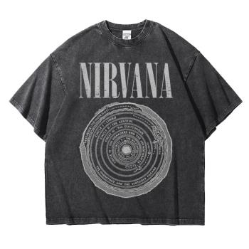 美式搖滾nirvana涅槃樂隊周邊復古做舊阿美咔嘰重磅bf寬松落肩T恤