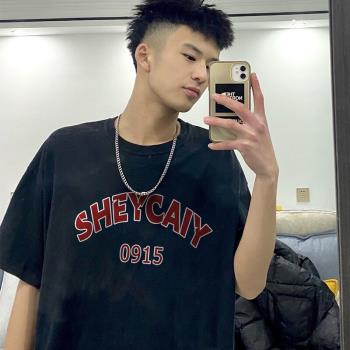 oversize短袖T恤男夏季新款美式嘻哈黑色純棉上衣青少年運動體恤