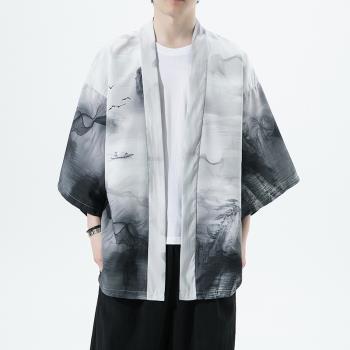 浮世繪仙鶴道袍男夏季外搭寬松中國風和服外套國風防曬文藝襯衫薄