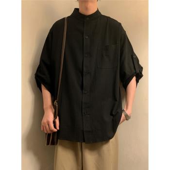 純黑色新中式襯衫國風男裝高級感復古立領設計感短袖襯衣外套夏季