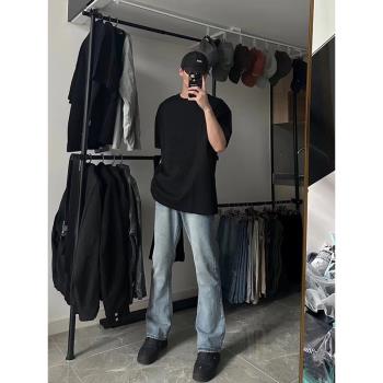 純黑色高克重磅男t恤320g精梳純棉cleanfit短袖螺紋小領口七分袖