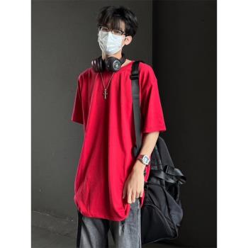 320g重磅酒紅色t恤男夏季美式復古精梳棉短袖vintage小領口七分袖