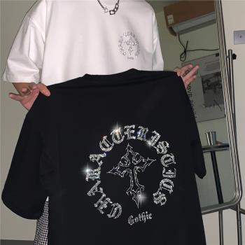 歐美高街十字架燙鉆T恤男ins潮牌重磅情侶裝短袖設計感梵文七分袖
