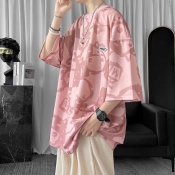 美式涂鴉粉色七分袖t恤男夏季薄款冰絲歐美潮牌情侶短袖oversize