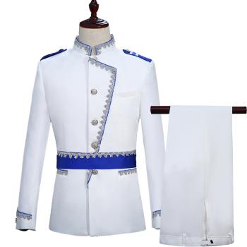 男歐式宮廷裝白色王子表演服影樓男主持舞臺年會演出服歐州軍禮服
