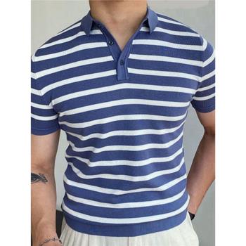 2023夏季新款男士翻領藍色條紋商務針織Polo領T恤Blue stripe top