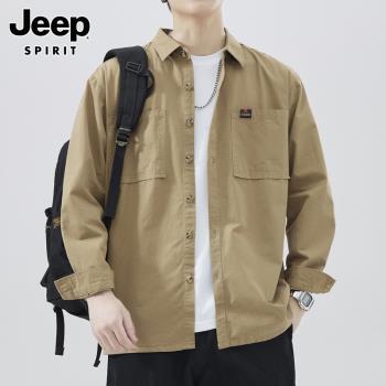 Jeep吉普男士長袖襯衫2023秋裝新款純棉美式休閑工裝外套男春秋款