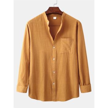 男士純色長袖翻領單排扣休閑襯衫Long sleeved solid color shirt