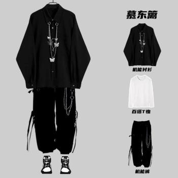 嘻哈暗黑系工裝長袖襯衫男士日系設計感痞帥襯衣外套一套搭配套裝