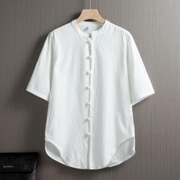 亞麻白色襯衫男短袖夏季中式棉麻唐裝改良漢服中國風男裝立領襯衣