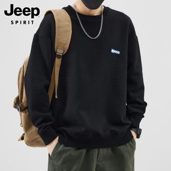 Jeep吉普華夫格圓領衛衣男2023新款秋季寬松黑色長袖t恤潮牌男裝