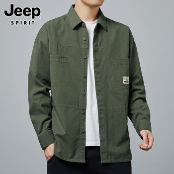 Jeep吉普綠色襯衫男士長袖秋季新款潮流純棉軍旅風工裝襯衣外套男