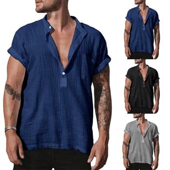2023夏季新款休閑薄款立領上衣男士大碼美式短袖襯衫Men's Shirts