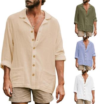 Mensshirts 歐美男士寬松大碼休閑翻領長袖襯衫男純色舒適襯衣