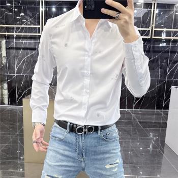 時尚韓版長袖燙鉆彈力白色襯衫