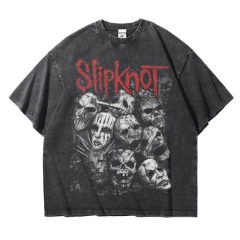 slipknot活結金屬搖滾樂隊美式重磅落肩T恤純棉寬松復古做舊水洗