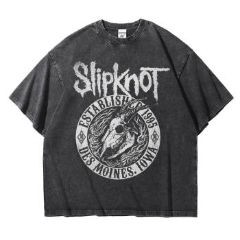 活結slipknot重金屬樂隊潮牌復古周邊做舊T恤落肩寬松五分袖重磅