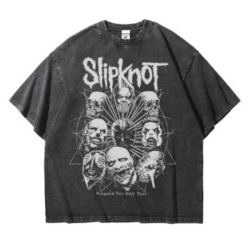 slipknot活結樂隊金屬音樂周邊重磅復古做舊水洗T恤純棉落肩寬松