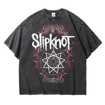 活結樂隊slipknot搖滾周邊復古水洗做舊阿美咔嘰重磅落肩寬松T恤