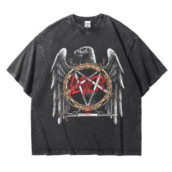 殺手Slayer金屬朋克樂隊五分袖重磅T恤復古做舊水洗半袖落肩寬松