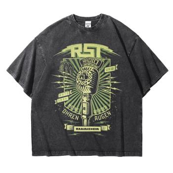 歐美金屬搖滾Rammstein德國戰車樂隊復古水洗做舊T恤落肩寬松重磅