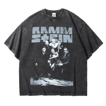 德國戰車Rammstein工業重金屬樂隊復古做舊落肩寬松T恤重磅純棉夏