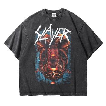 歐美Slayer殺手激流金屬樂隊復古做舊水洗T恤重磅落肩寬松純棉bf