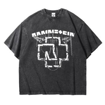 德國戰車Rammstein重金屬樂隊復古做舊T恤水洗重磅落肩寬松半袖bf